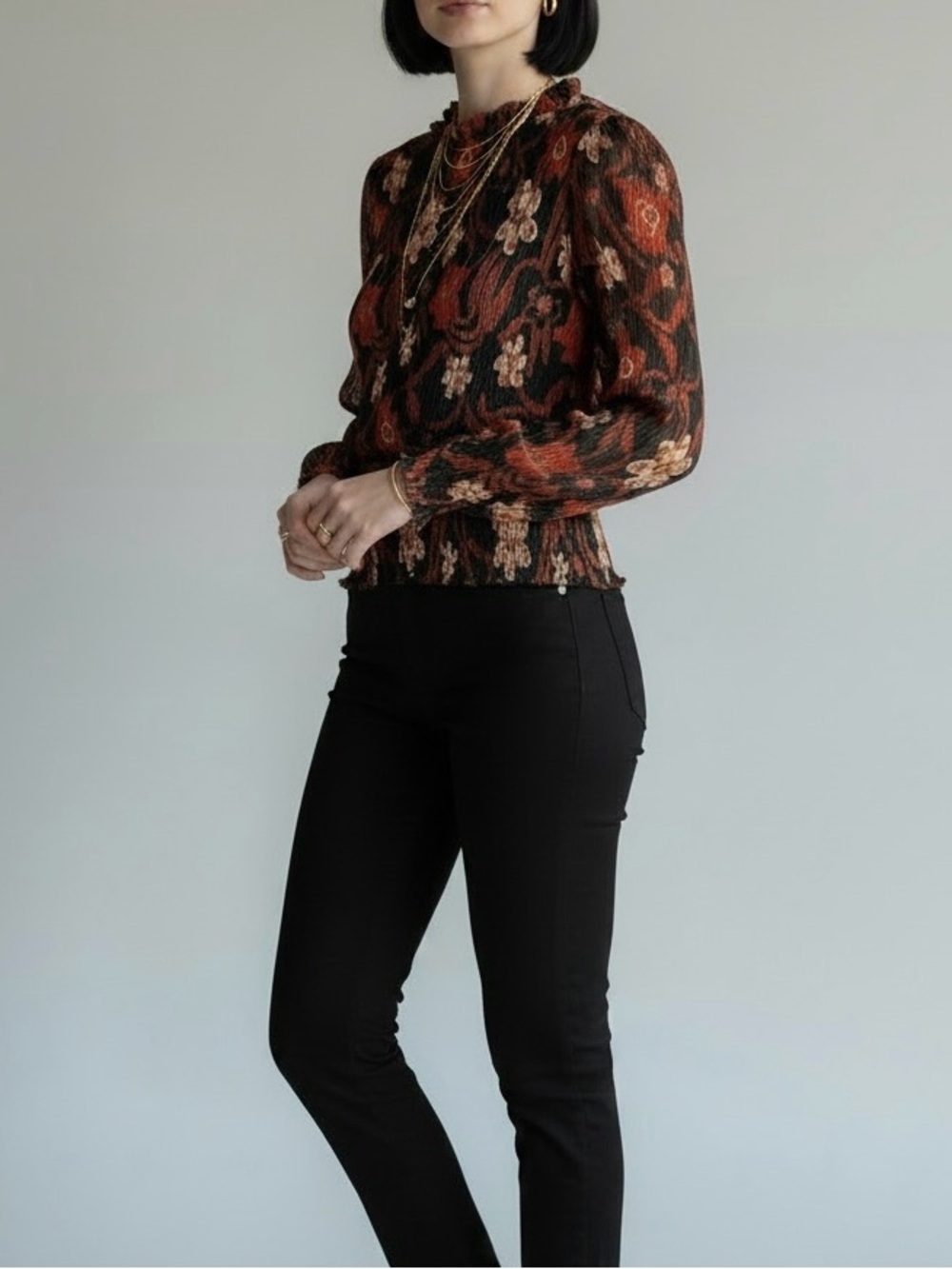 Joie Women's Black & Rust Floral Long-Sleeve Smocked Top